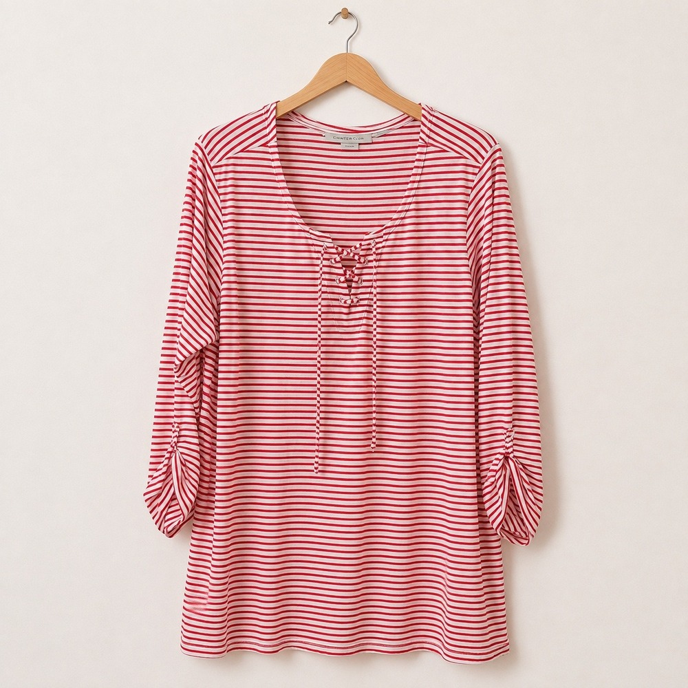 Avenue Y2K Striped Tunic Womens 22/24 Red White Lace Up Boho Soft Girl Preppy